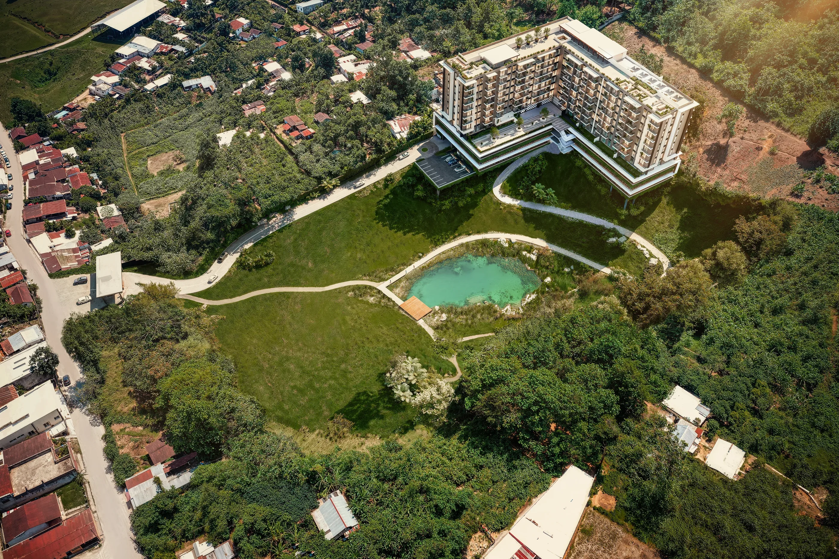 Vista aérea de Yalguó La Laguna y su laguna biológica
