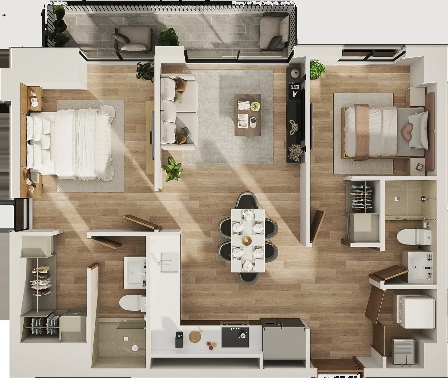 Planta axonométrica de un apartamento de dos habitaciones