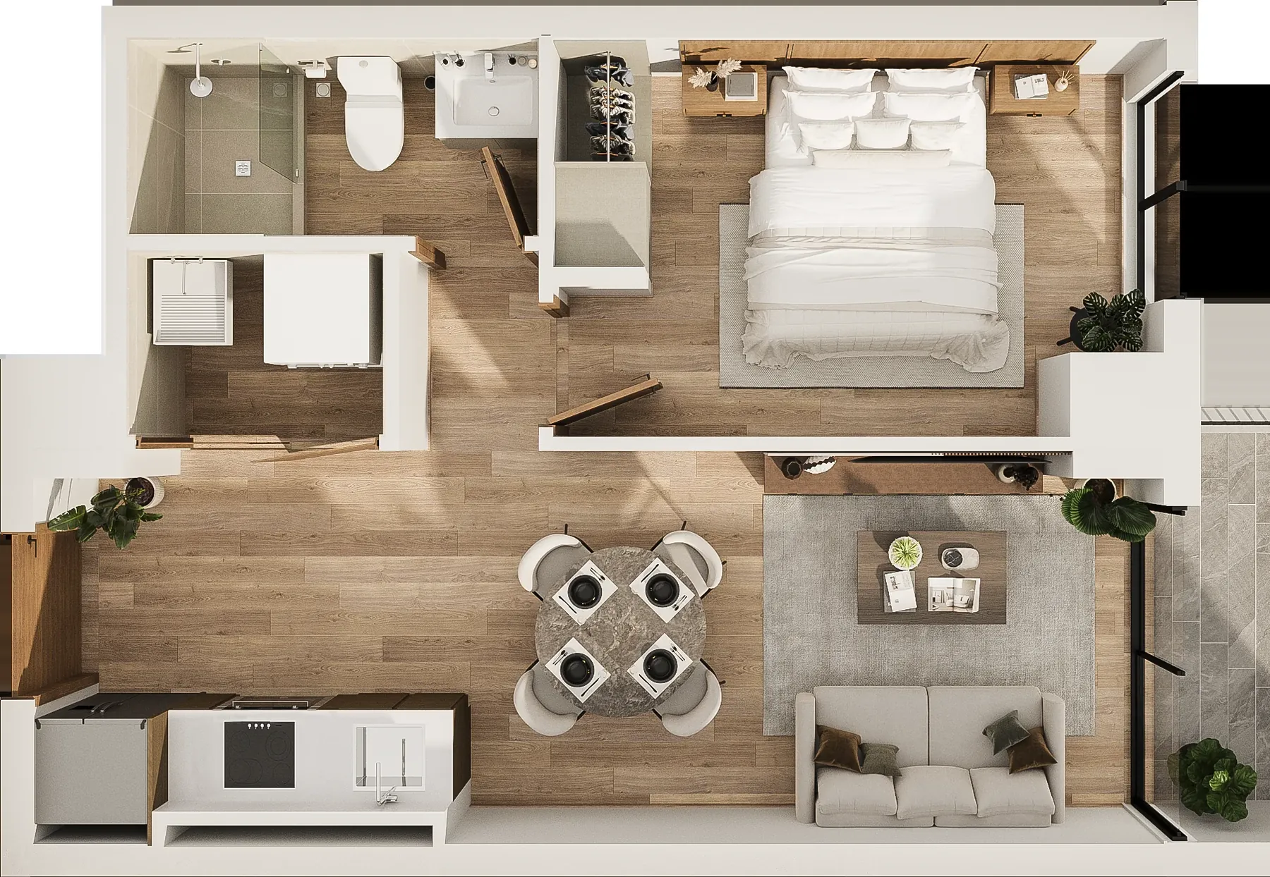 Planta axonométrica de un apartamento de una habitación