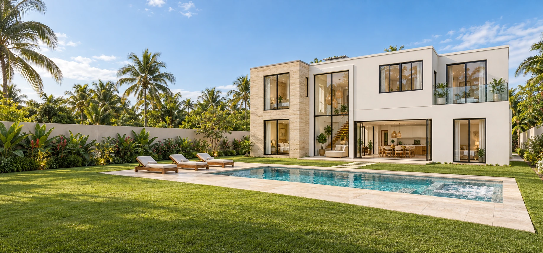 Visualización conceptual de una villa en la costa del Pacífico, con piscina